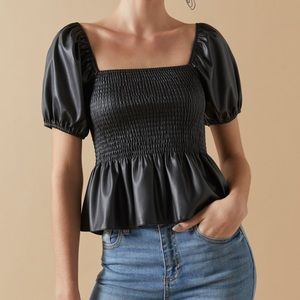 Tonya Solid Leather Puff Sleeve Blouse
